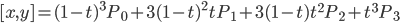 [x, y] = (1 - t)^3P_0 + 3(1 - t)^2tP_1 + 3(1 - t)t^2P_2 + t^3P_3